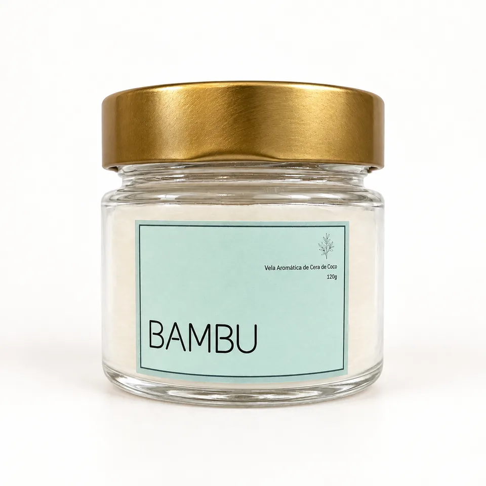 Vela aromática Bambu de 120 g em pote de vidro com tampa dourada