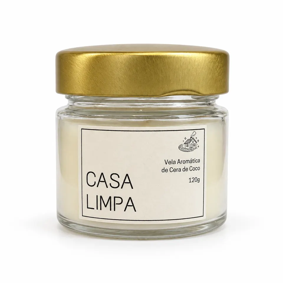 Vela aromática Casa Limpa de 120 g em pote de vidro com tampa dourada