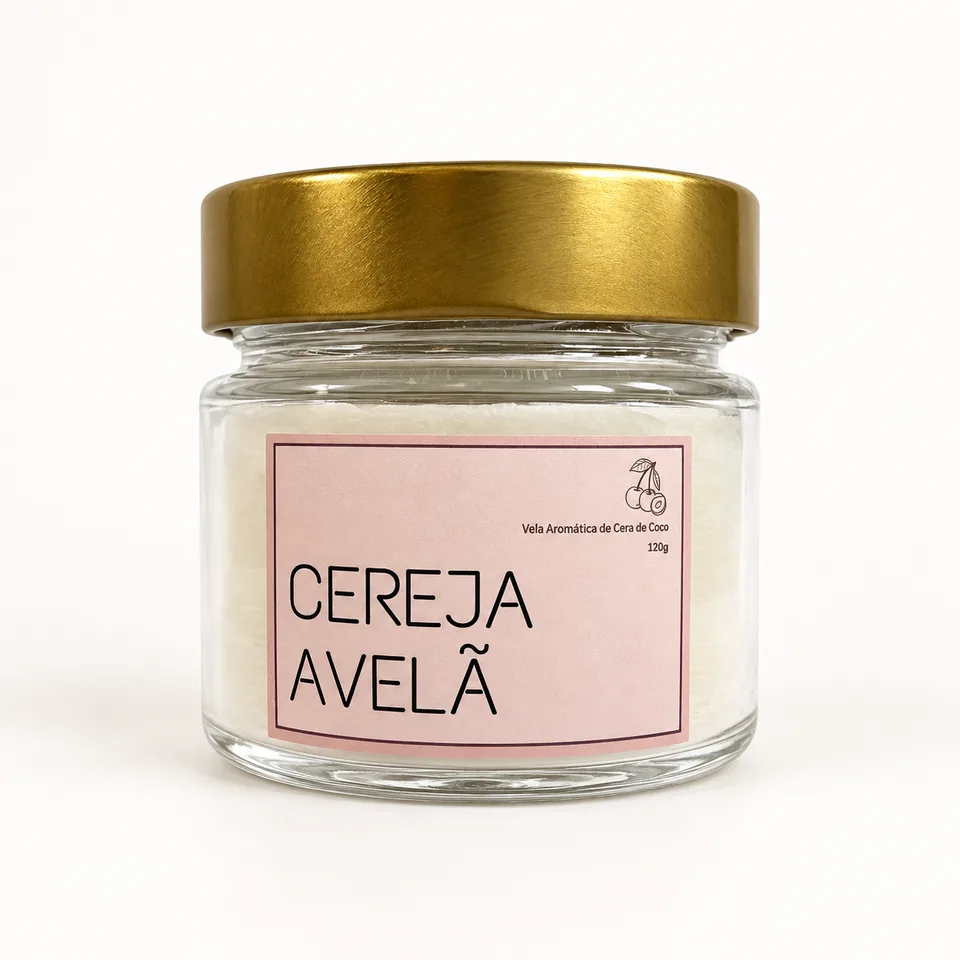 Vela aromática Cereja com Avelã de 120 g em pote de vidro com tampa dourada