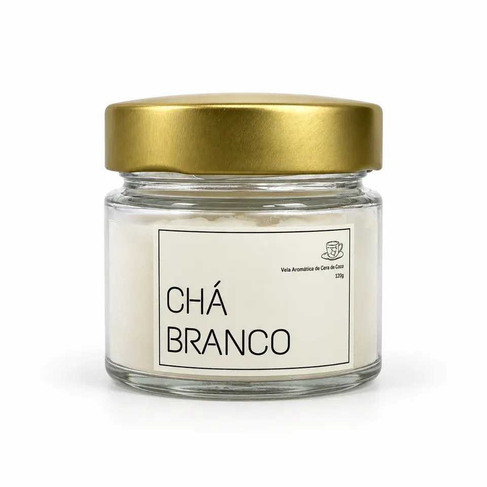 Vela aromática Chá Branco de 120 g em pote de vidro com tampa dourada