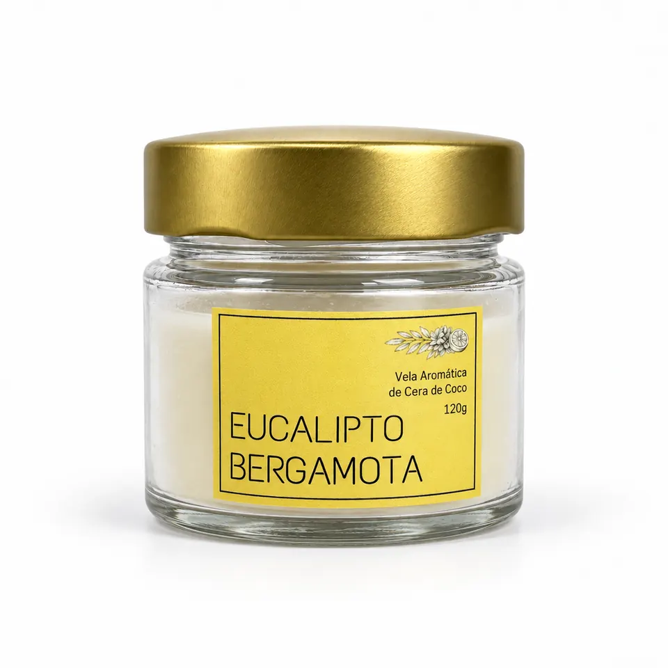 Vela aromática Eucalipto com Bergamota de 120 g em pote de vidro com tampa dourada