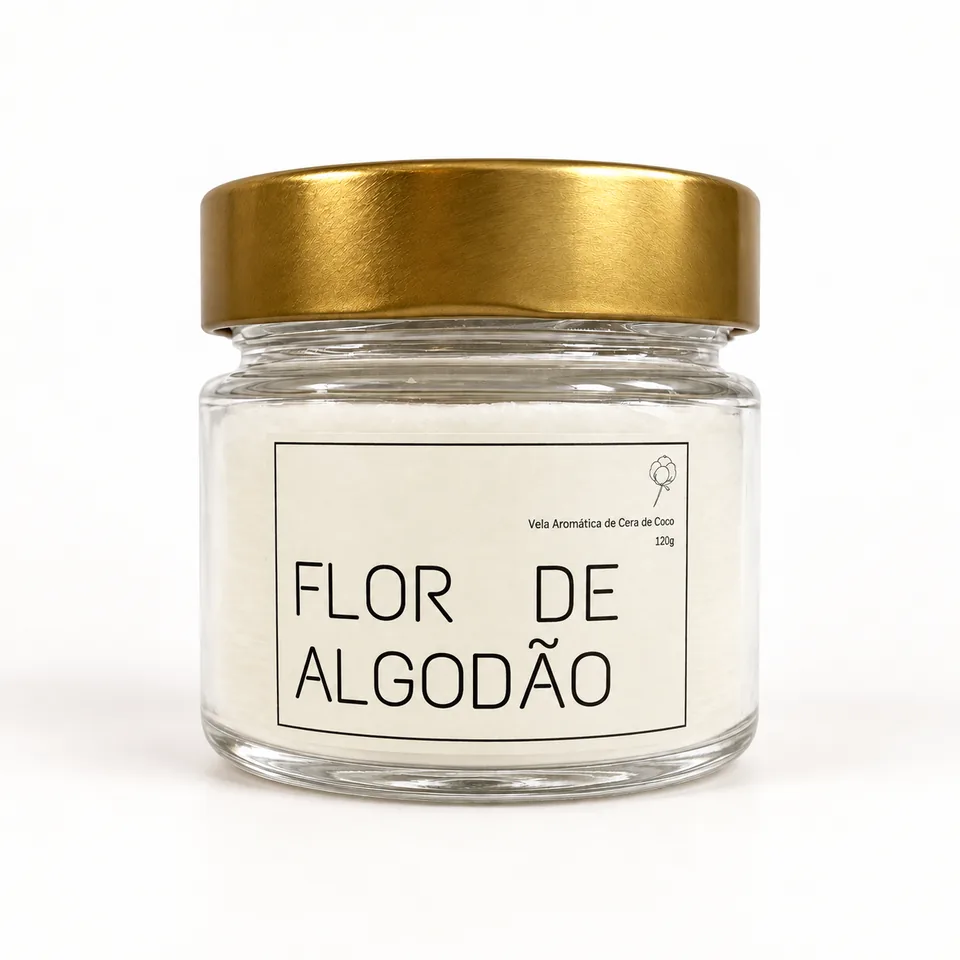 Vela aromática Flor de Algodão de 120 g em pote de vidro com tampa dourada