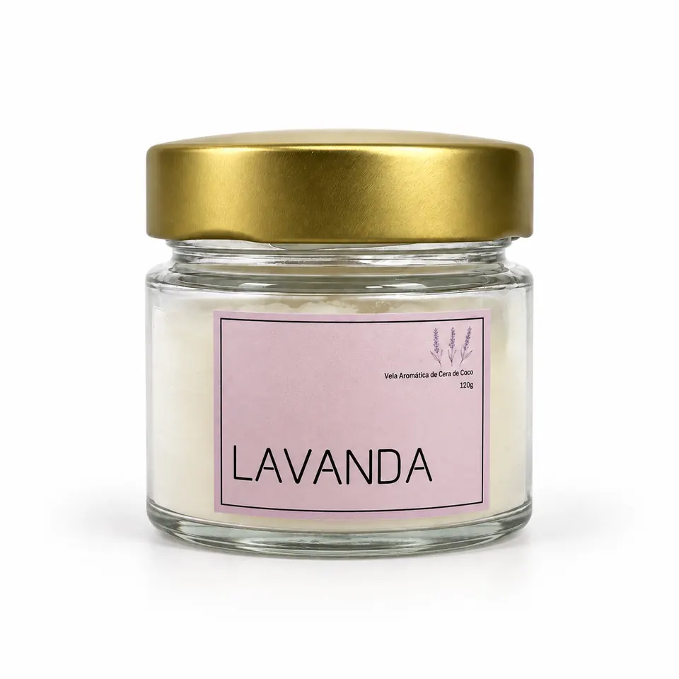 Vela aromática Lavanda de 120 g em pote de vidro com tampa dourada