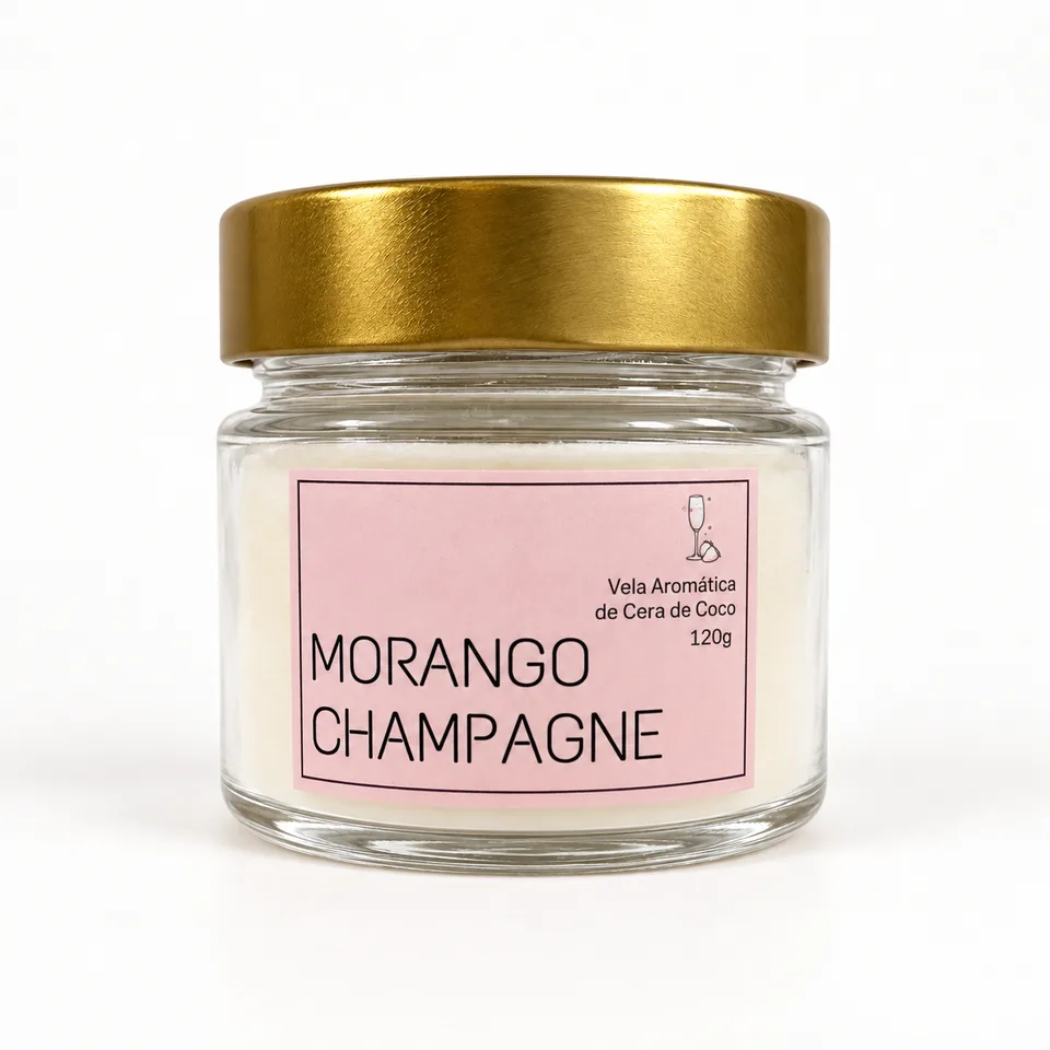 Vela aromática Morango com Champanhe de 120 g em pote de vidro com tampa dourada
