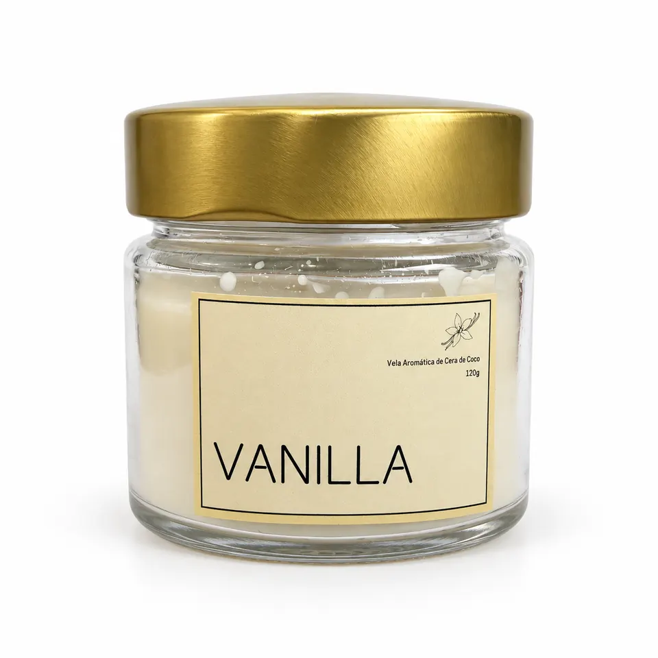 Vela aromática Vanilla de 120 g em pote de vidro com tampa dourada
